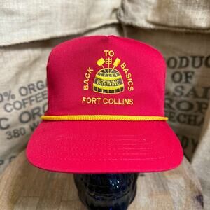 Vintage 80s Back to Basics Brewing Fort Collins Red Snapback Trucker Hat Cap USA